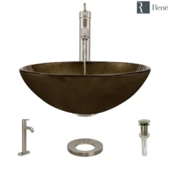 Rene 17" Round Glass Bathroom Sink, Regal Bronze and Earth Tones, with Faucet, R5-5035-R9-7001-BN