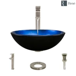 Rene 17" Round Glass Bathroom Sink, Gradient Blue, with Faucet, R5-5008-R9-7003-BN