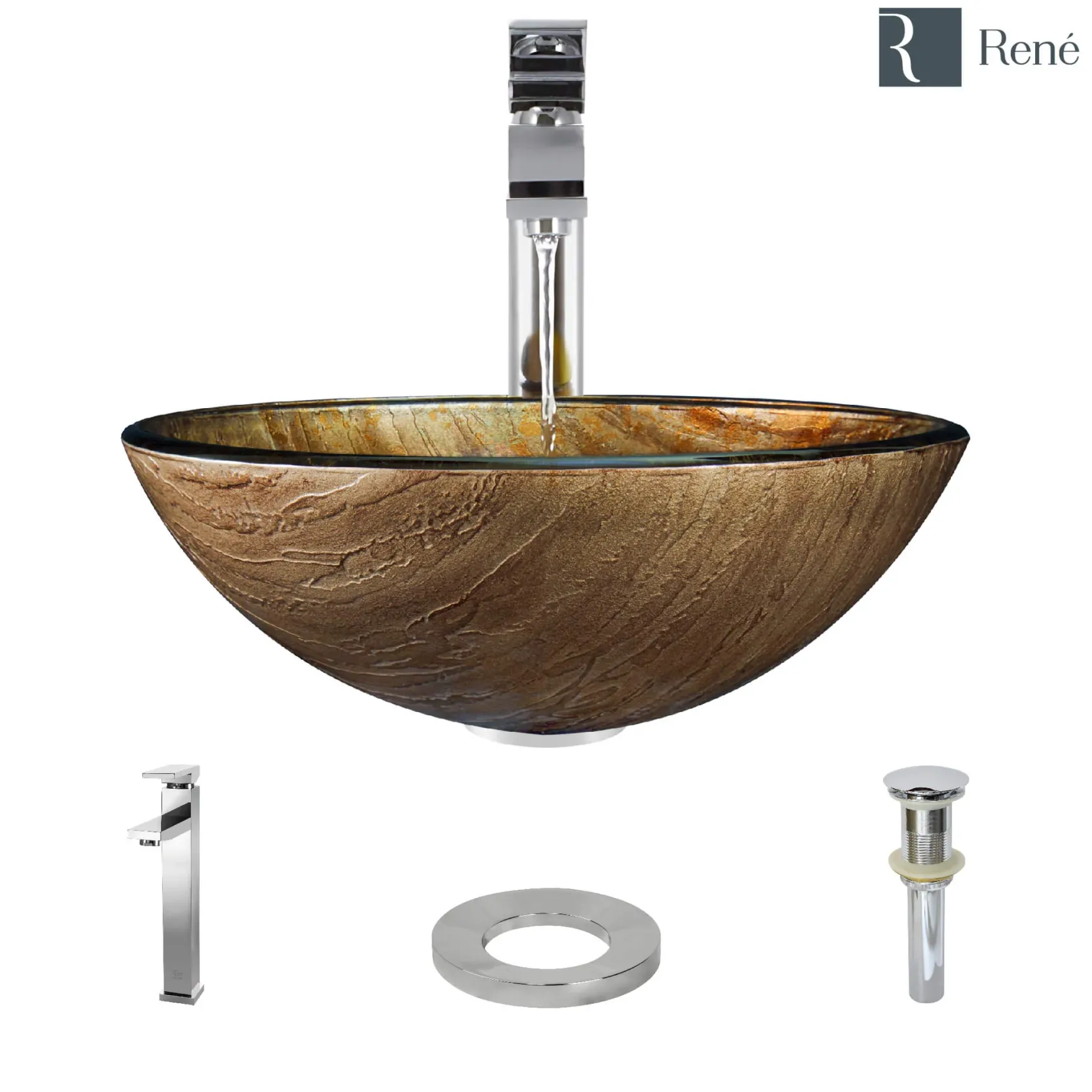 Rene 17" Round Glass Bathroom Sink, Bronze, with Faucet, R5-5030-R9-7003-C