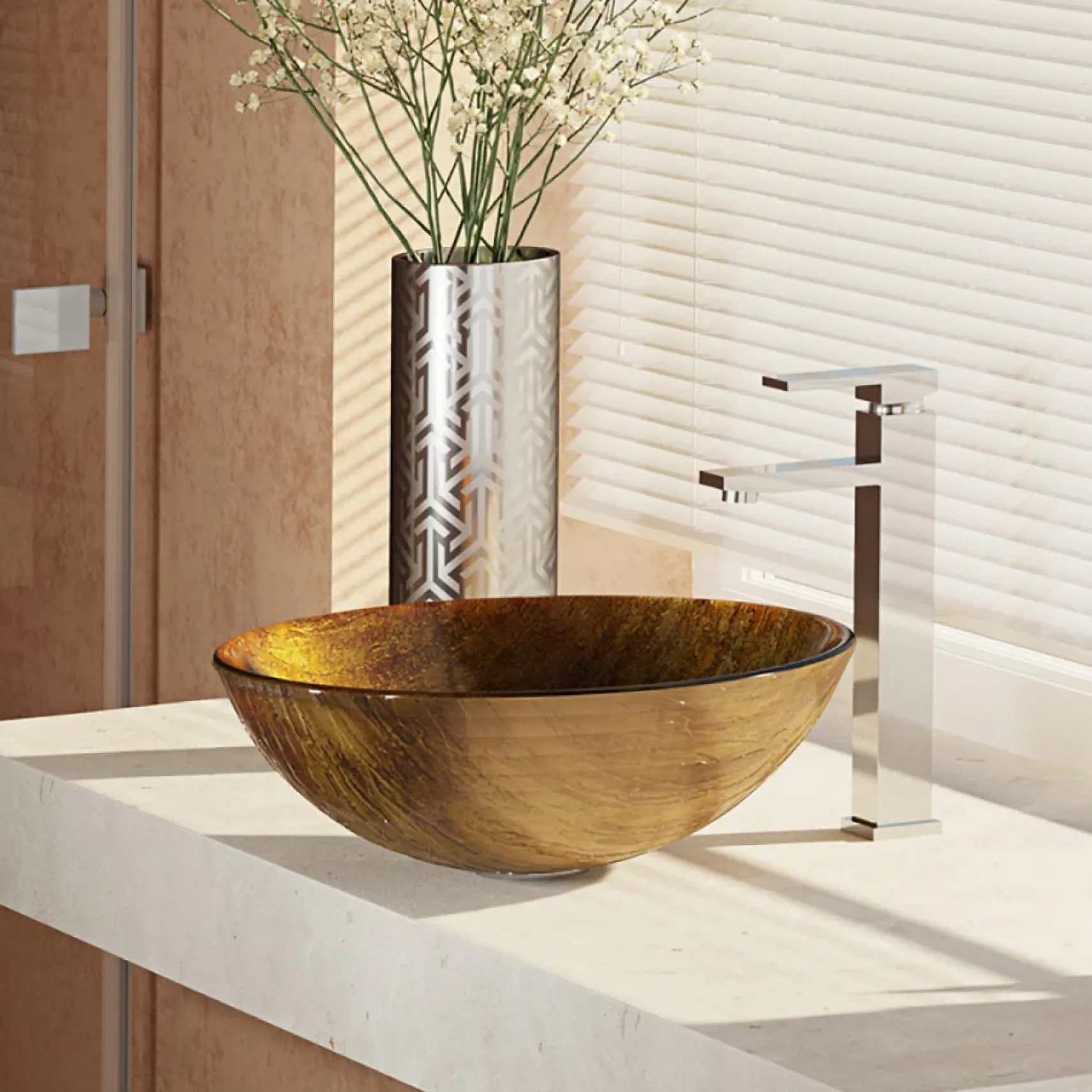Rene 17" Round Glass Bathroom Sink, Bronze, with Faucet, R5-5030-R9-7003-C