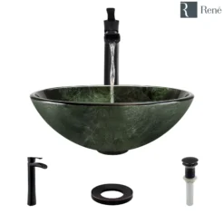 Rene 17" Round Glass Bathroom Sink, Forest Green, with Faucet, R5-5027-R9-7007-ABR