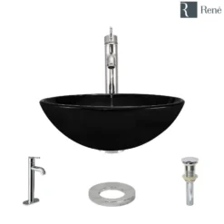Rene 17" Round Glass Bathroom Sink, Noir, with Faucet, R5-5001-NOR-R9-7001-C