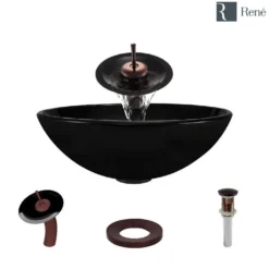 Rene 17" Round Glass Bathroom Sink, Noir, with Faucet, R5-5001-NOR-WF-ORB