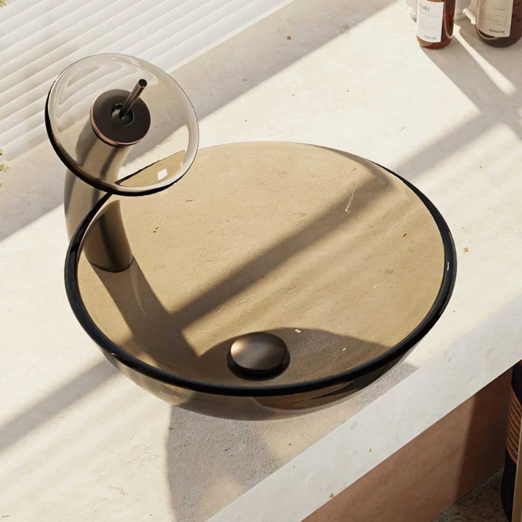 Rene 17" Round Glass Bathroom Sink, Cashmere, with Faucet, R5-5001-CAS-WF-ABR