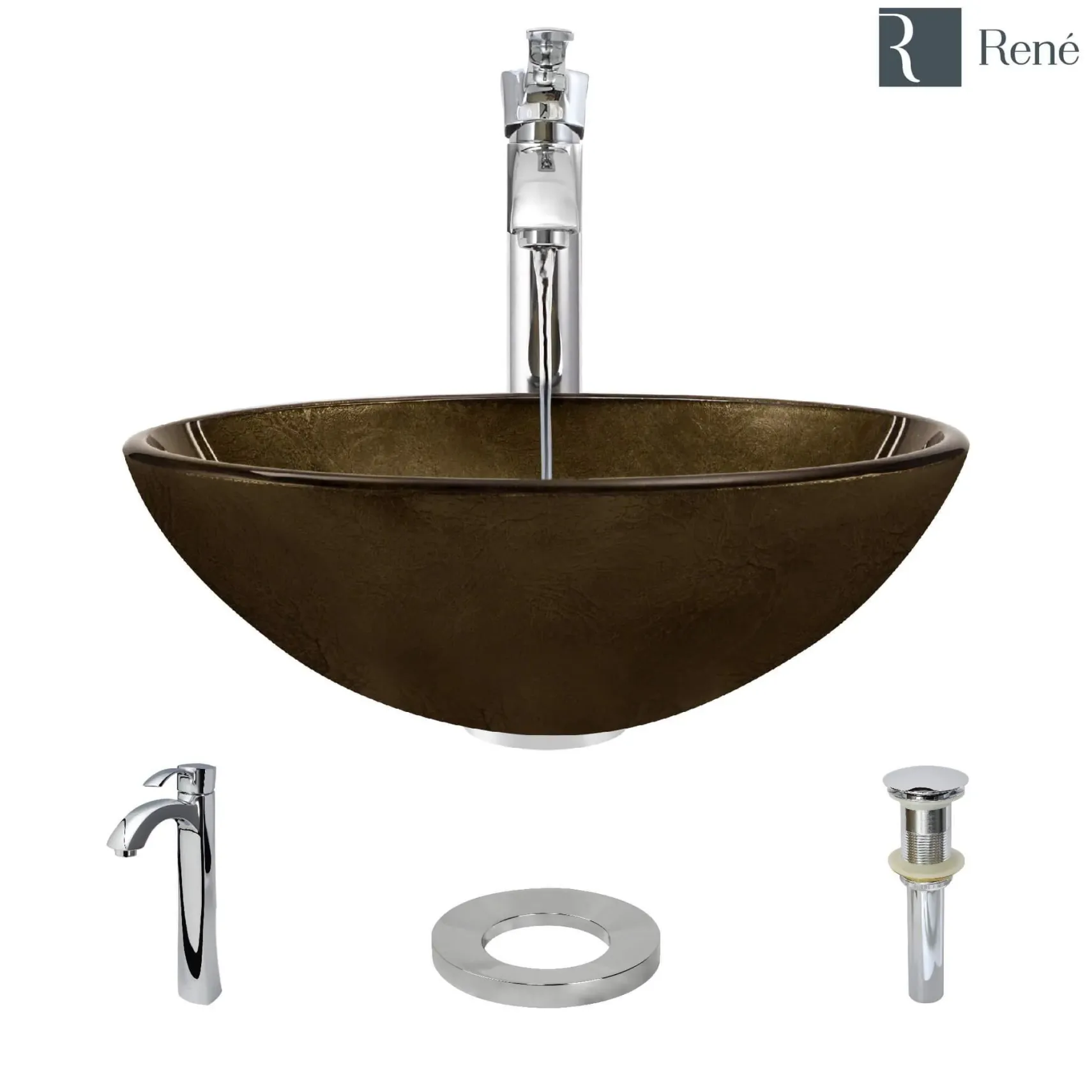 Rene 17" Round Glass Bathroom Sink, Regal Bronze and Earth Tones, with Faucet, R5-5035-R9-7006-C