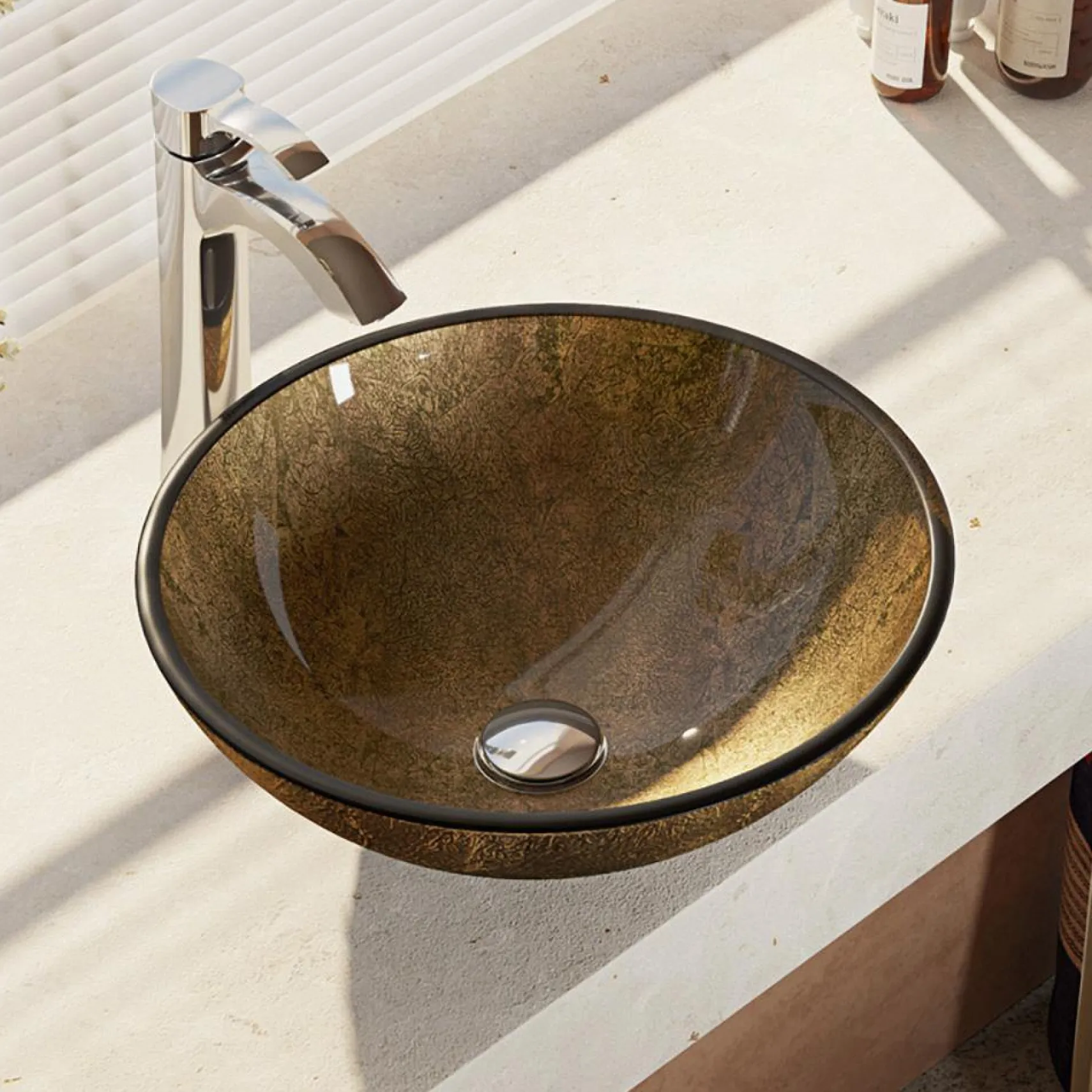 Rene 17" Round Glass Bathroom Sink, Regal Bronze and Earth Tones, with Faucet, R5-5035-R9-7006-C