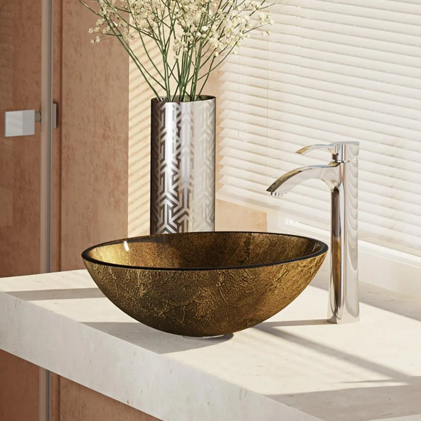 Rene 17" Round Glass Bathroom Sink, Regal Bronze and Earth Tones, with Faucet, R5-5035-R9-7006-C