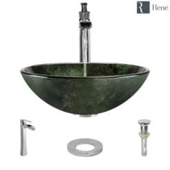 Rene 17" Round Glass Bathroom Sink, Forest Green, with Faucet, R5-5027-R9-7007-C