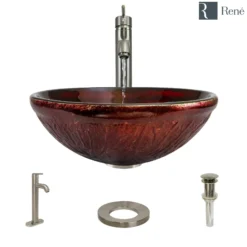 Rene 17" Round Glass Bathroom Sink, Fiery Red, with Faucet, R5-5018-R9-7001-BN