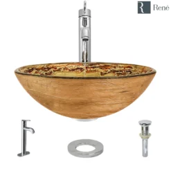 Rene 17" Round Glass Bathroom Sink, Golden and auburn, with Faucet, R5-5029-R9-7001-C