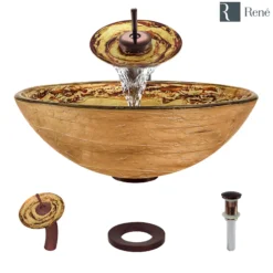 Rene 17" Round Glass Bathroom Sink, Golden and auburn, with Faucet, R5-5029-WF-ORB