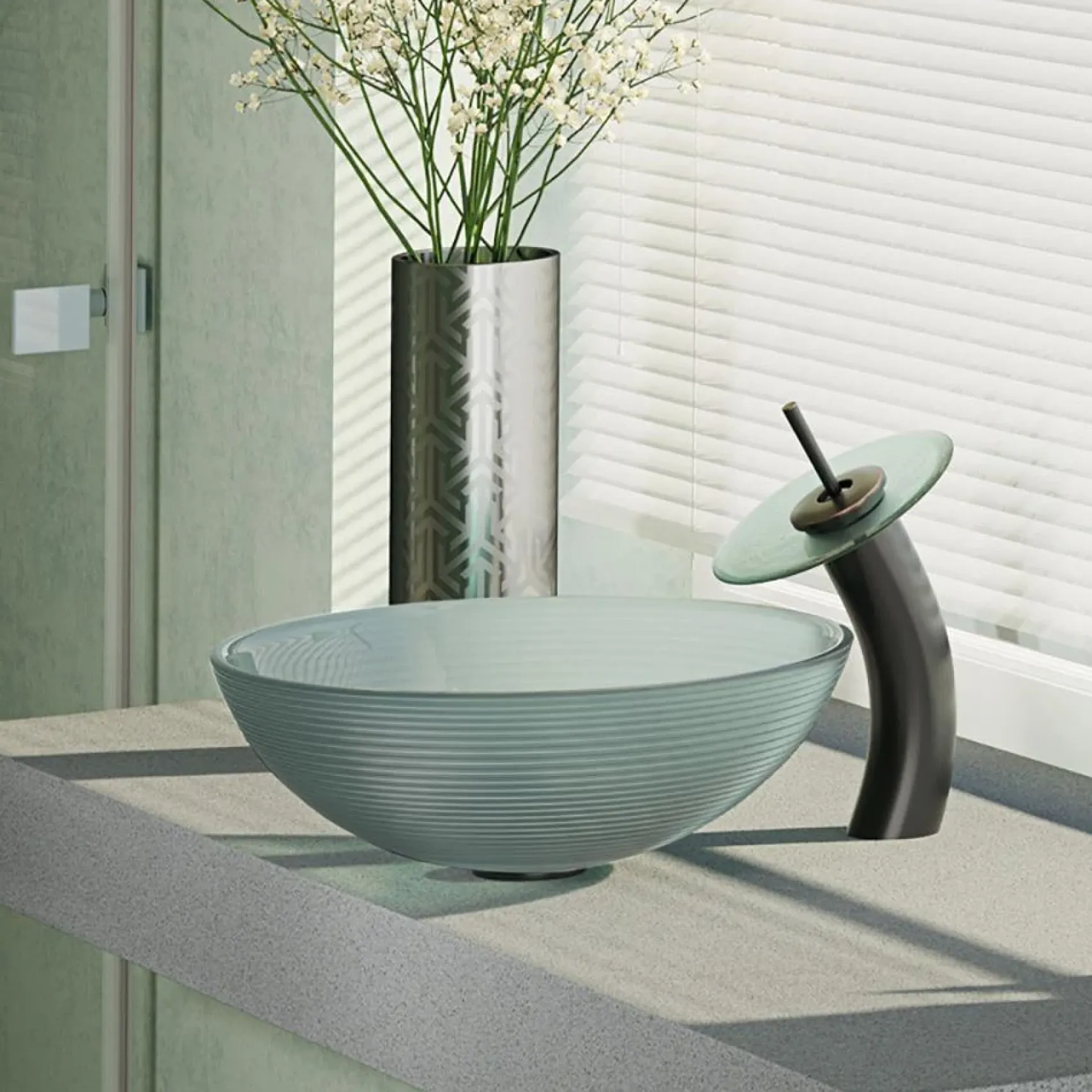 Rene 17" Round Glass Bathroom Sink, Sparkling Silver, with Faucet, R5-5034-WF-ABR