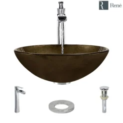 Rene 17" Round Glass Bathroom Sink, Regal Bronze and Earth Tones, with Faucet, R5-5035-R9-7007-C
