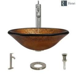 Rene 18" Round Glass Bathroom Sink, Orange Gold Foil, with Faucet, R5-5013-R9-7001-BN
