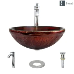 Rene 17" Round Glass Bathroom Sink, Fiery Red, with Faucet, R5-5018-R9-7006-C