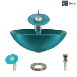 Rene 17" Round Glass Bathroom Sink, Cerulean, with Faucet, R5-5001-CER-WF-BN