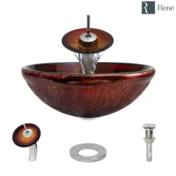 Rene 17" Round Glass Bathroom Sink, Fiery Red, with Faucet, R5-5018-WF-C