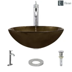 Rene 17" Round Glass Bathroom Sink, Regal Bronze and Earth Tones, with Faucet, R5-5035-R9-7001-C