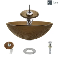 Rene 17" Round Glass Bathroom Sink, Beach Sand, with Faucet, R5-5025-WF-C