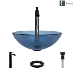 Rene 17" Round Glass Bathroom Sink, Celeste, with Faucet, R5-5001-CEL-R9-7007-ABR
