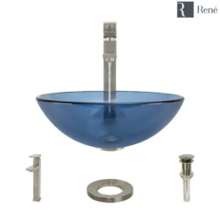 Rene 17" Round Glass Bathroom Sink, Celeste, with Faucet, R5-5001-CEL-R9-7003-BN