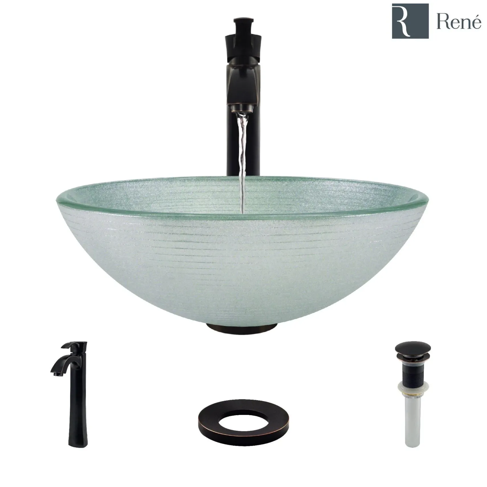 Rene 17" Round Glass Bathroom Sink, Sparkling Silver, with Faucet, R5-5034-R9-7006-ABR