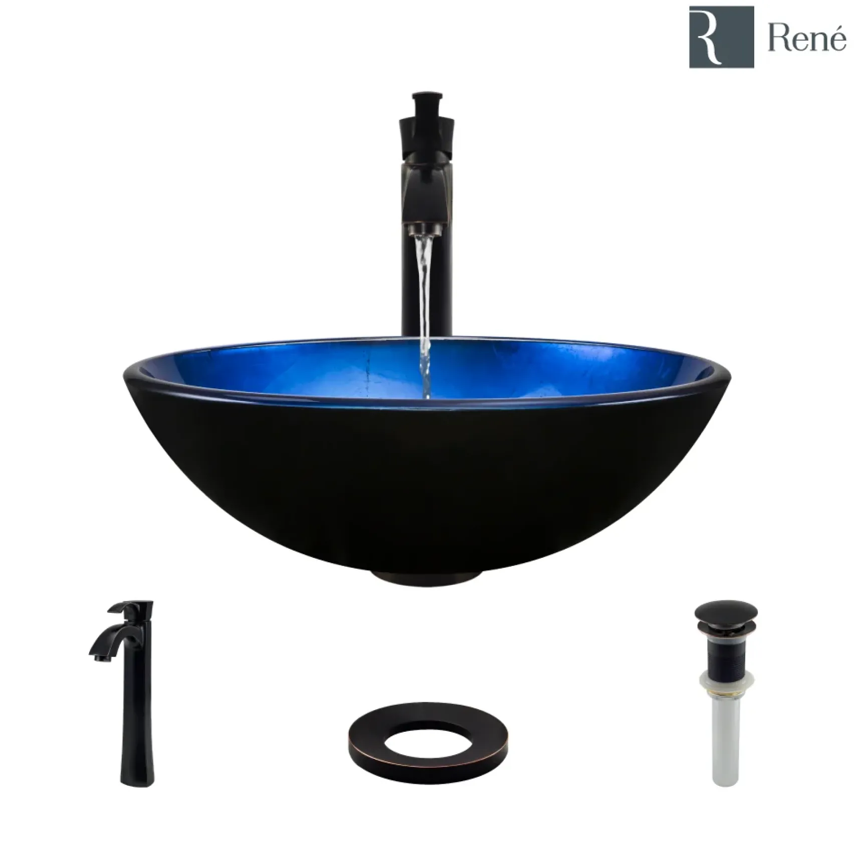 Rene 17" Round Glass Bathroom Sink, Gradient Blue, with Faucet, R5-5008-R9-7006-ABR