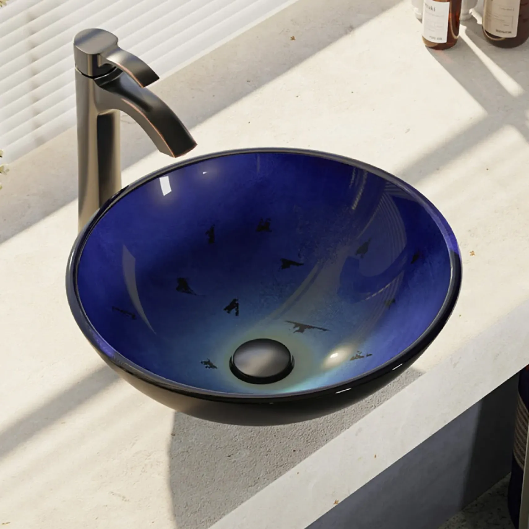 Rene 17" Round Glass Bathroom Sink, Gradient Blue, with Faucet, R5-5008-R9-7006-ABR
