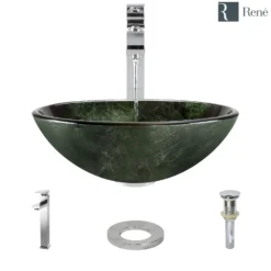 Rene 17" Round Glass Bathroom Sink, Forest Green, with Faucet, R5-5027-R9-7003-C