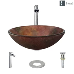 Rene 17" Round Glass Bathroom Sink, Multi-Color, with Faucet, R5-5014-R9-7007-C
