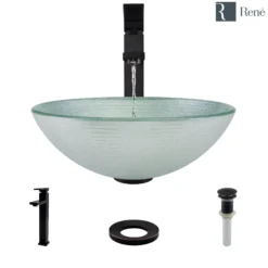 Rene 17" Round Glass Bathroom Sink, Sparkling Silver, with Faucet, R5-5034-R9-7003-ABR