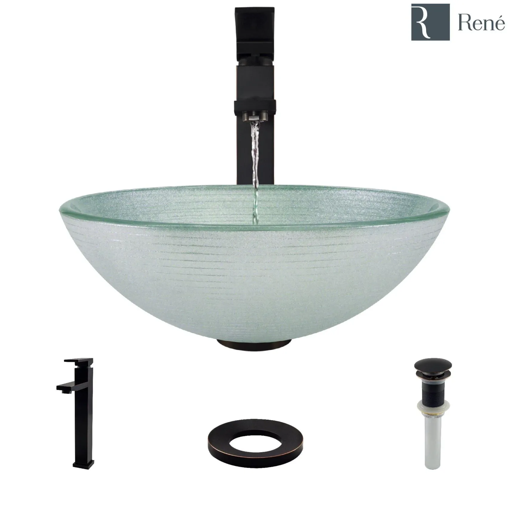 Rene 17" Round Glass Bathroom Sink, Sparkling Silver, with Faucet, R5-5034-R9-7003-ABR
