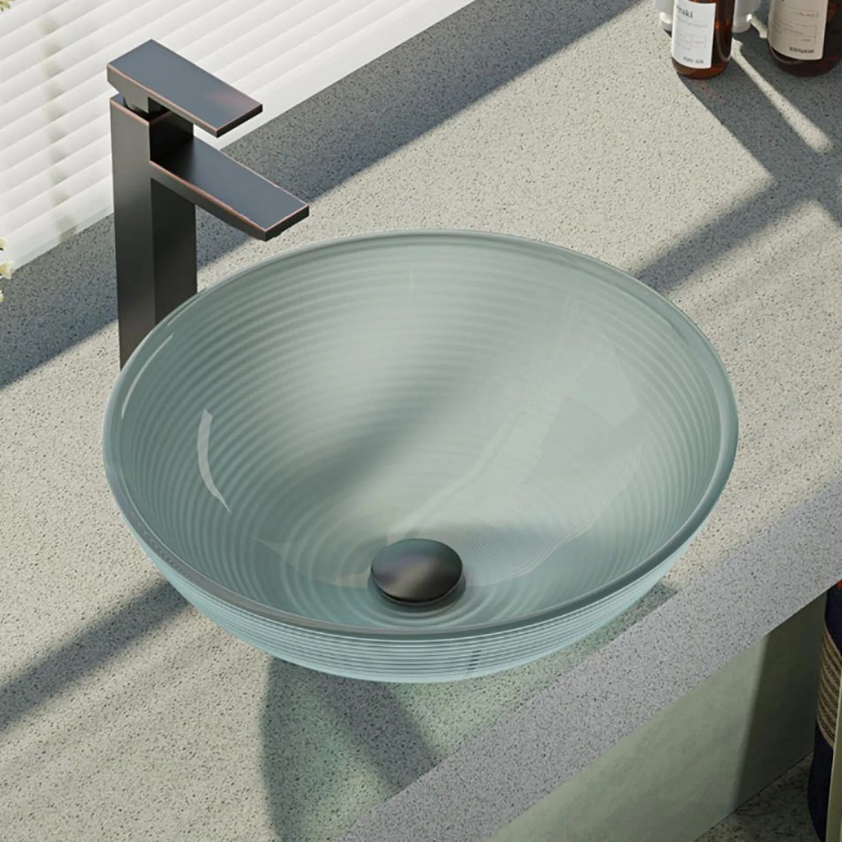 Rene 17" Round Glass Bathroom Sink, Sparkling Silver, with Faucet, R5-5034-R9-7003-ABR