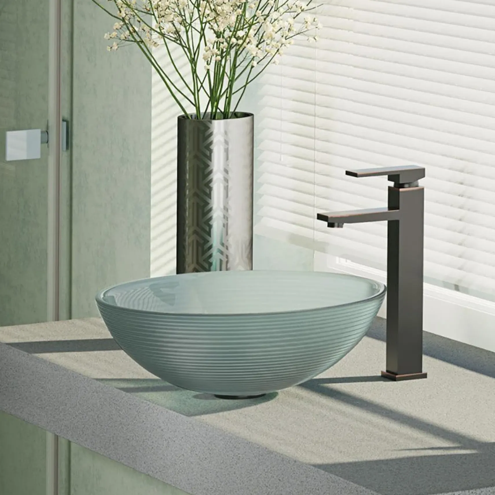 Rene 17" Round Glass Bathroom Sink, Sparkling Silver, with Faucet, R5-5034-R9-7003-ABR