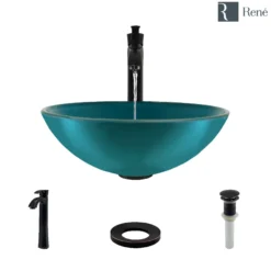 Rene 17" Round Glass Bathroom Sink, Cerulean, with Faucet, R5-5001-CER-R9-7006-ABR