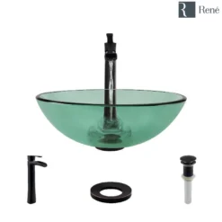 Rene 17" Round Glass Bathroom Sink, Ivy, with Faucet, R5-5001-IVY-R9-7007-ABR
