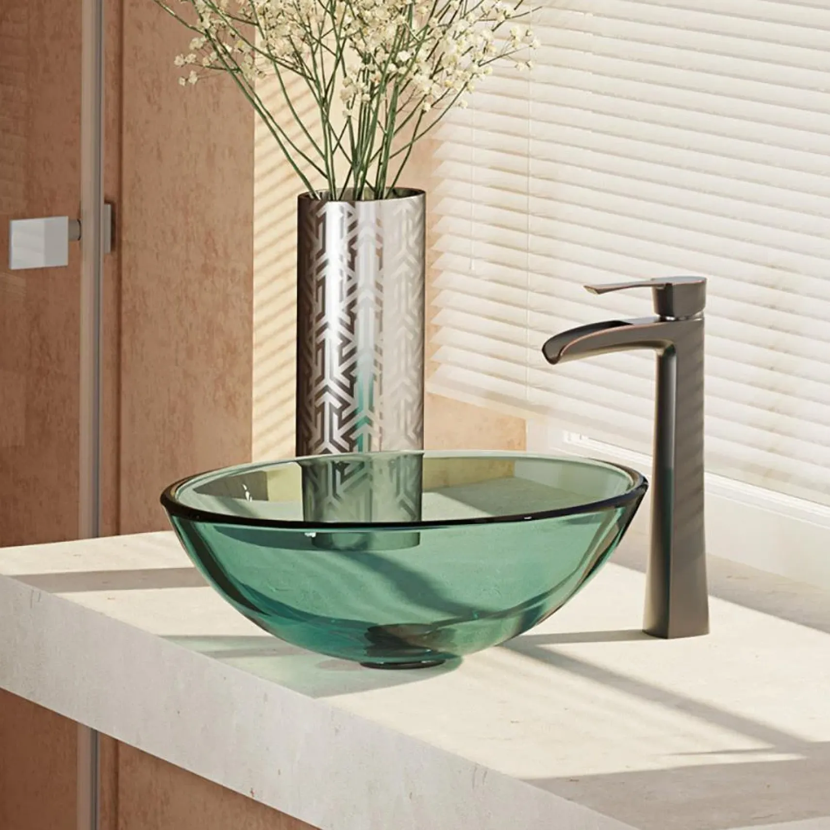 Rene 17" Round Glass Bathroom Sink, Ivy, with Faucet, R5-5001-IVY-R9-7007-ABR