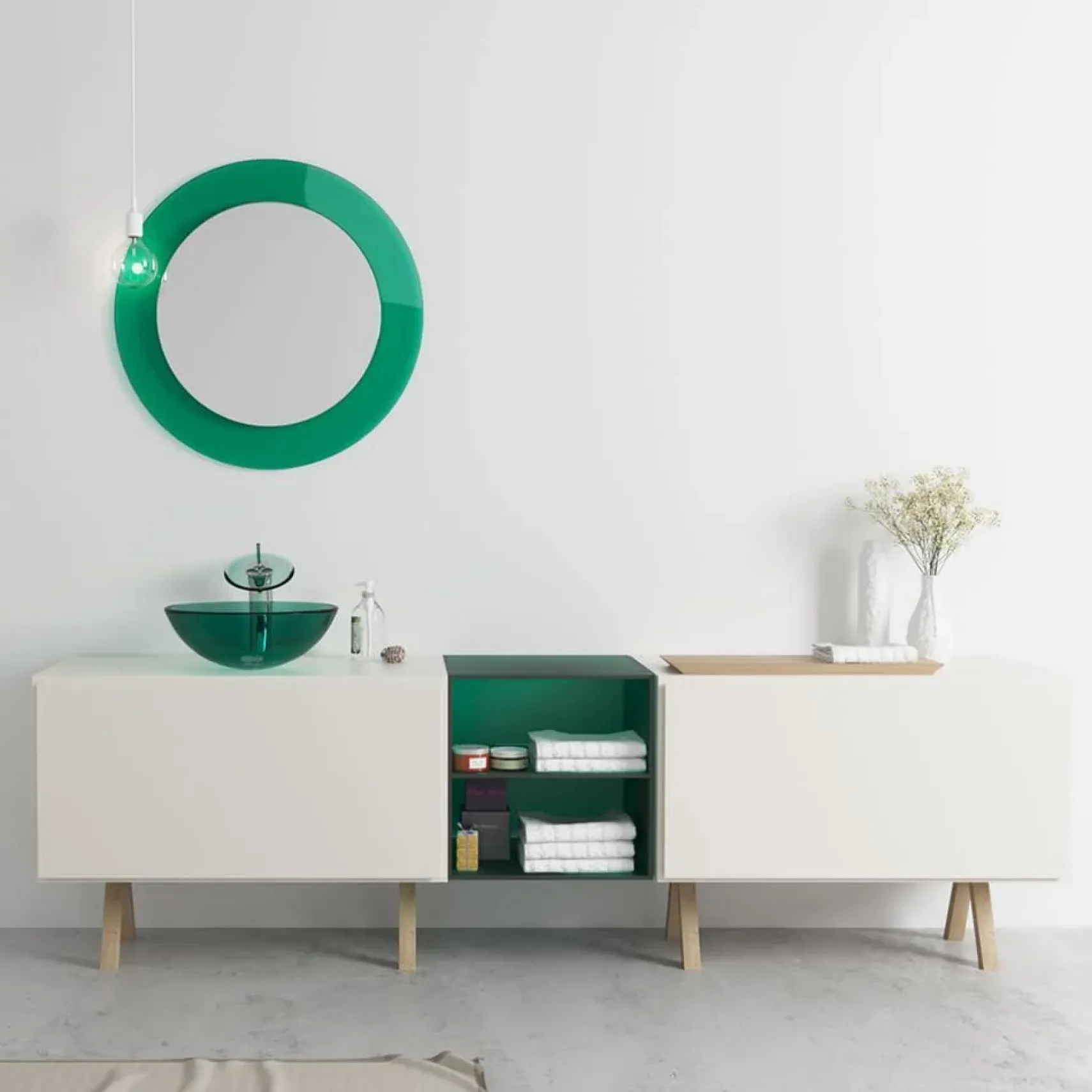 Rene 17" Round Glass Bathroom Sink, Ivy, with Faucet, R5-5001-IVY-R9-7007-ABR