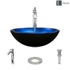 Rene 17" Round Glass Bathroom Sink, Gradient Blue, with Faucet, R5-5008-R9-7006-C