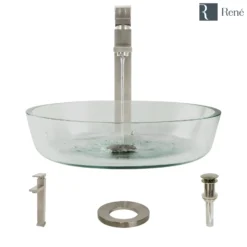 Rene 17" Round Glass Bathroom Sink, Crystal, with Faucet, R5-5024-R9-7003-BN