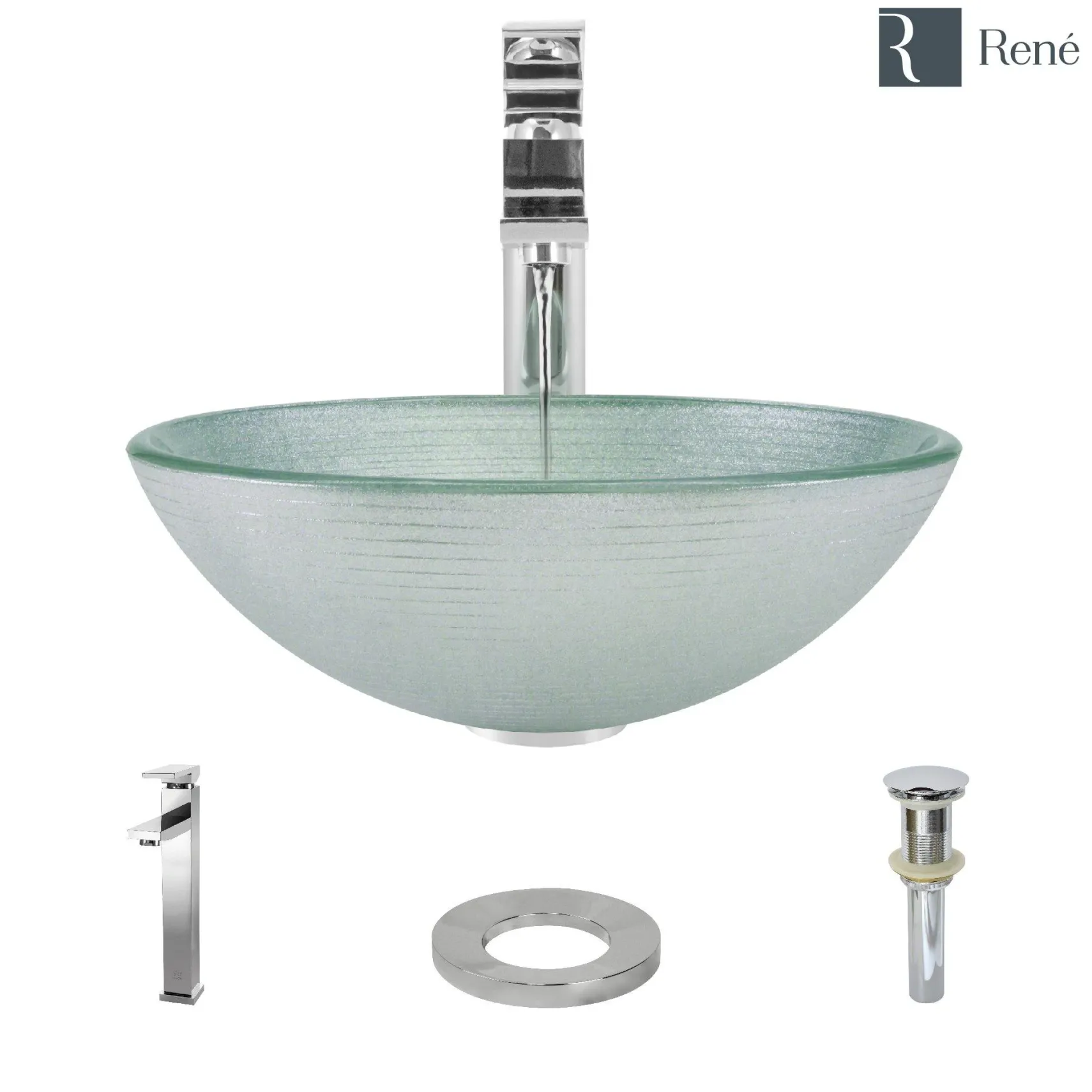 Rene 17" Round Glass Bathroom Sink, Sparkling Silver, with Faucet, R5-5034-R9-7003-C