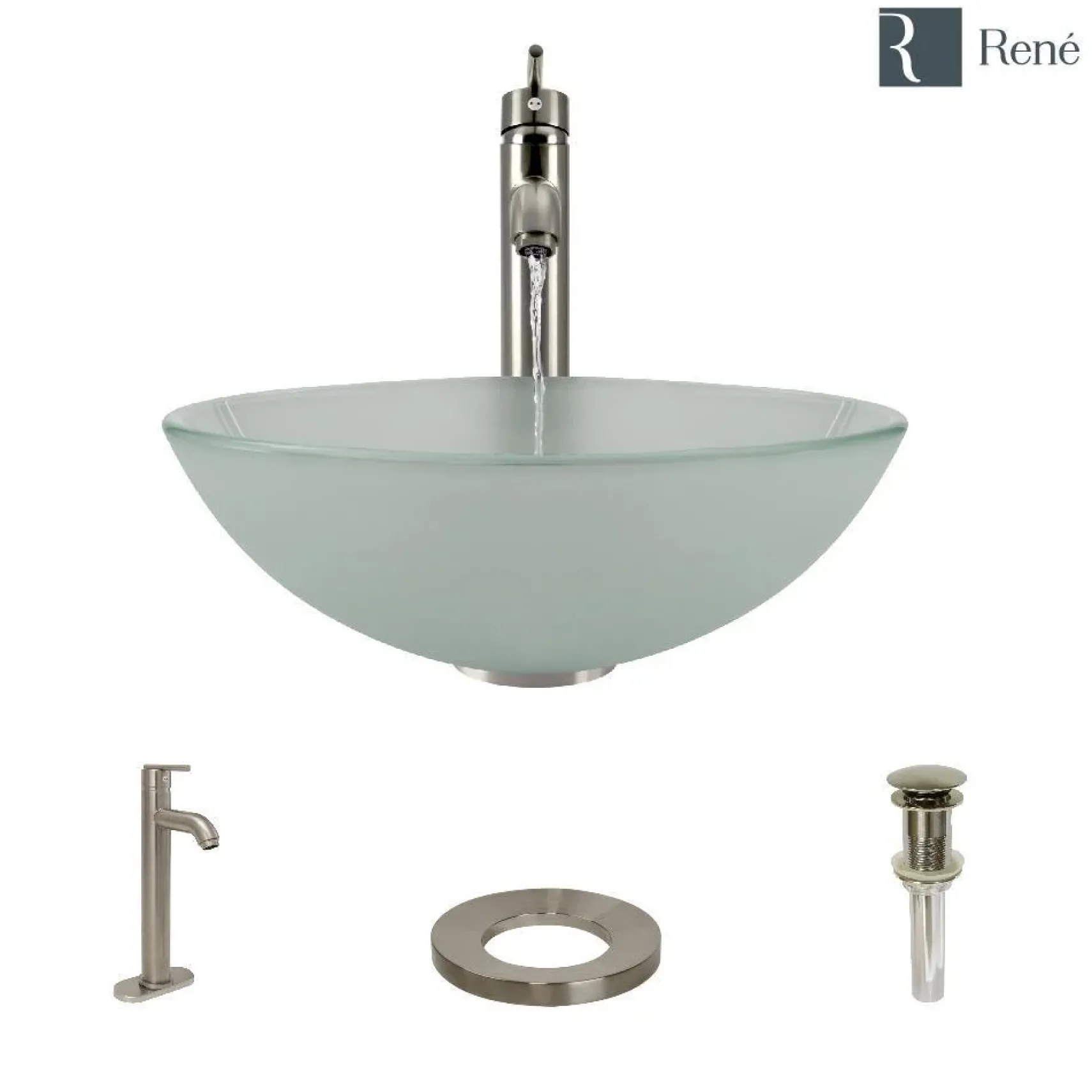 Rene 17" Round Glass Bathroom Sink, Frosted, with Faucet, R5-5002-R9-7001-BN