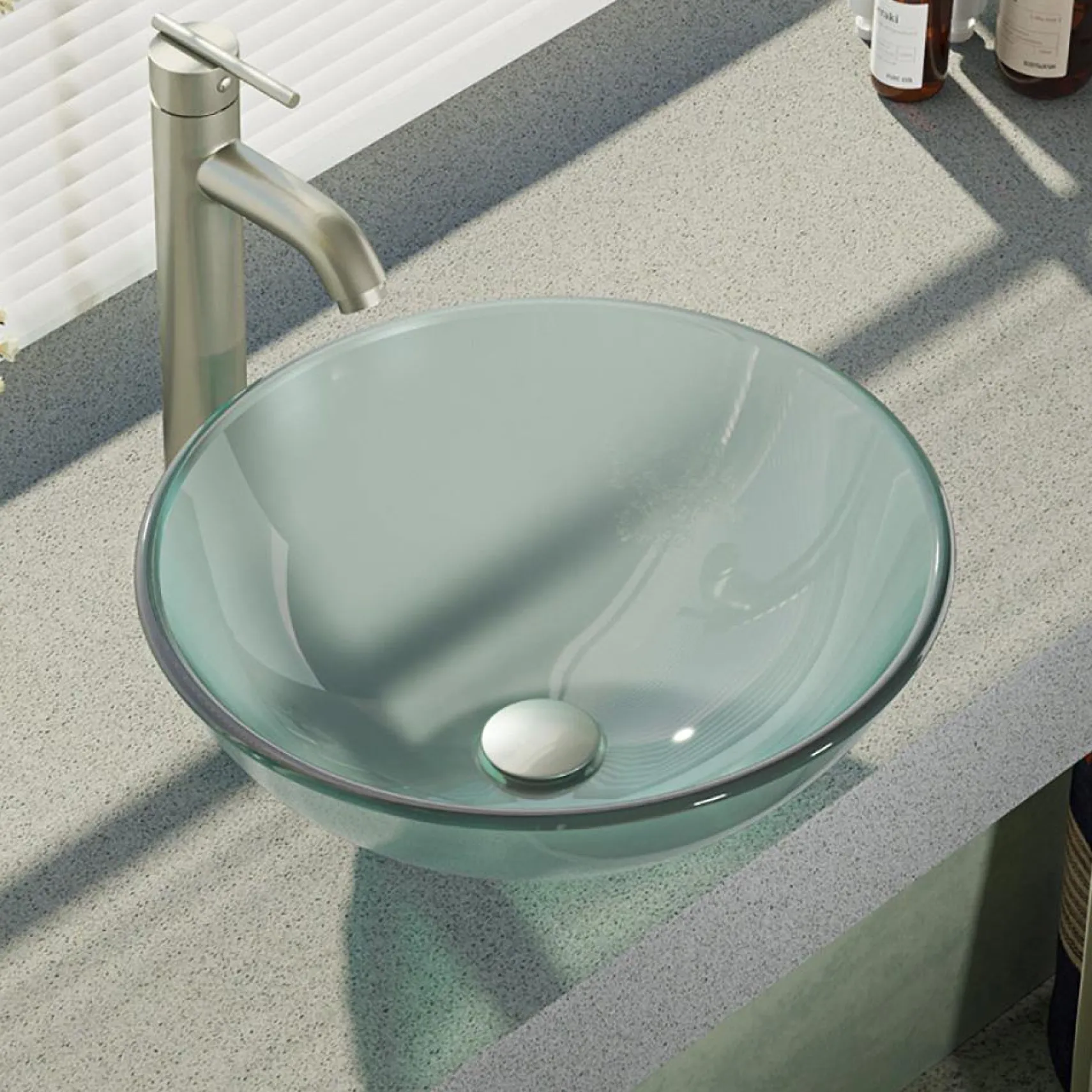 Rene 17" Round Glass Bathroom Sink, Frosted, with Faucet, R5-5002-R9-7001-BN