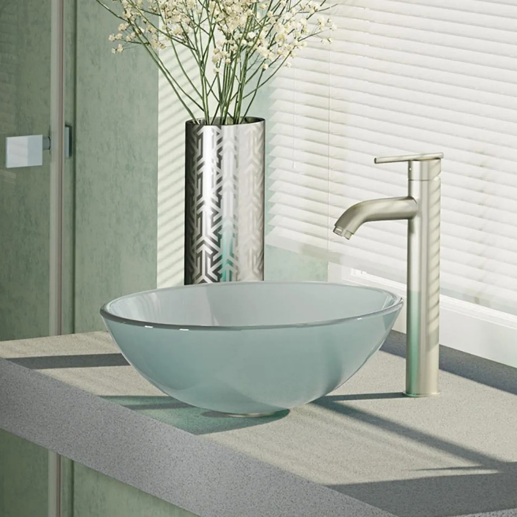 Rene 17" Round Glass Bathroom Sink, Frosted, with Faucet, R5-5002-R9-7001-BN