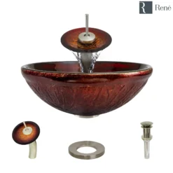 Rene 17" Round Glass Bathroom Sink, Fiery Red, with Faucet, R5-5018-WF-BN