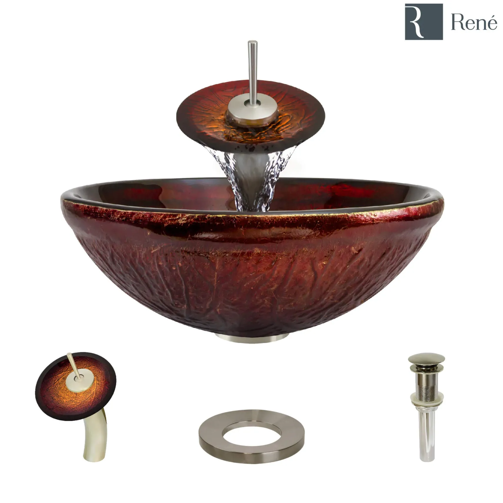 Rene 17" Round Glass Bathroom Sink, Fiery Red, with Faucet, R5-5018-WF-BN
