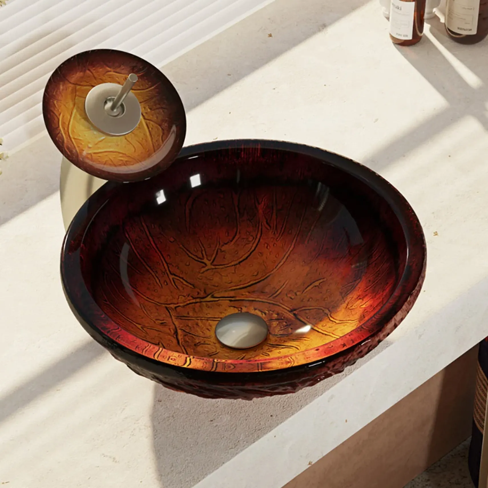 Rene 17" Round Glass Bathroom Sink, Fiery Red, with Faucet, R5-5018-WF-BN
