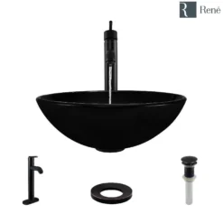 Rene 17" Round Glass Bathroom Sink, Noir, with Faucet, R5-5001-NOR-R9-7001-ABR