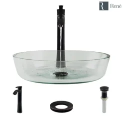 Rene 17" Round Glass Bathroom Sink, Crystal, with Faucet, R5-5024-R9-7006-ABR