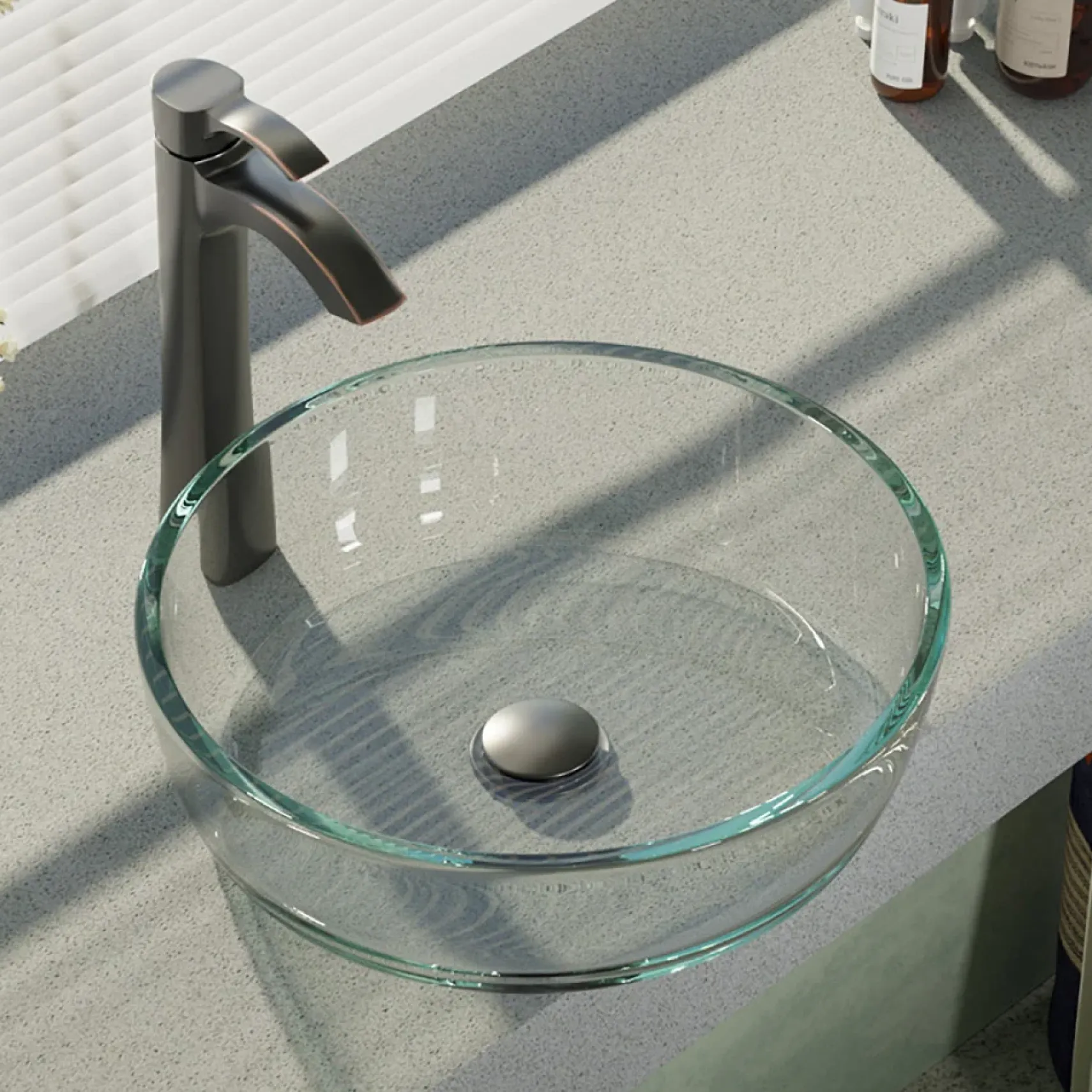Rene 17" Round Glass Bathroom Sink, Crystal, with Faucet, R5-5024-R9-7006-ABR